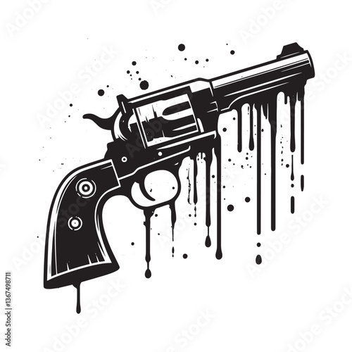 Stylized revolver with dripping paint effect in monochrome minimal design