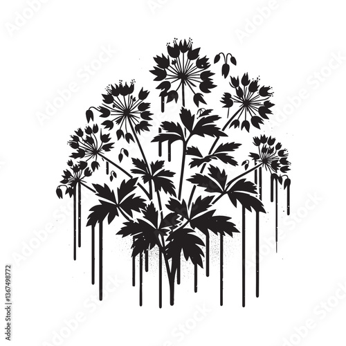 Stylized Perennial Plant Illustration with Dripping Spray and Grunge Texture