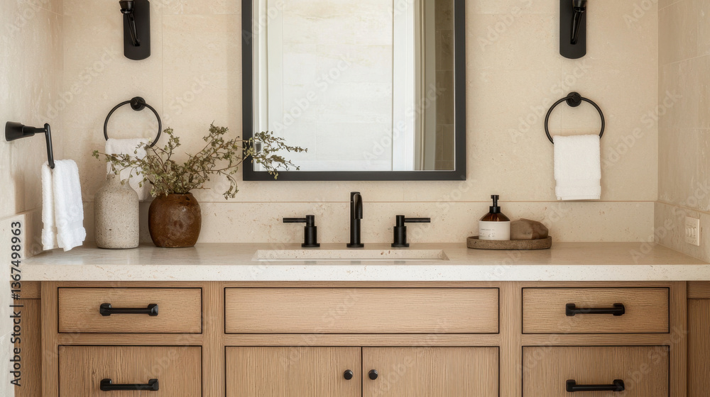Fototapeta premium Stylish bathroom vanity featuring minimalist design with natural wood cabinetry, elegant black fixtures, and decorative elements like vase and soap dispenser, creating serene atmosphere