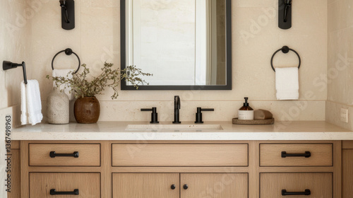 Stylish bathroom vanity featuring minimalist design with natural wood cabinetry, elegant black fixtures, and decorative elements like vase and soap dispenser, creating serene atmosphere