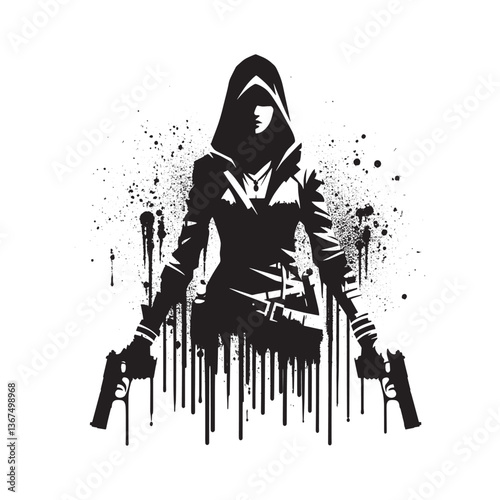 Urban stencil art depicting a hooded female assassin wielding dual pistols