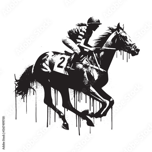 Black and White Stencil Illustration of Horse Racing with Dripping Paint Style