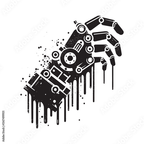 Cybernetic appendage graffiti art, mechanical arm with dripping spray effect
