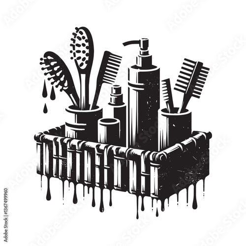 Distressed bathroom organizer illustration with beauty product and dripping design