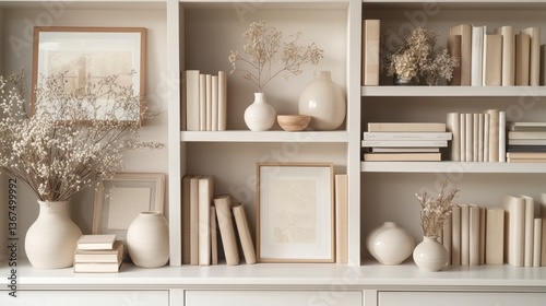 Minimalist Interior Bookshelf. Neutral Tones, Elegant Home Decor, Framed Art, Books, and Stylish Ceramic Vases. Zoom Virtual Background. Virtual Meeting. Cozy Interior Backdrop, Contemporary Spaces