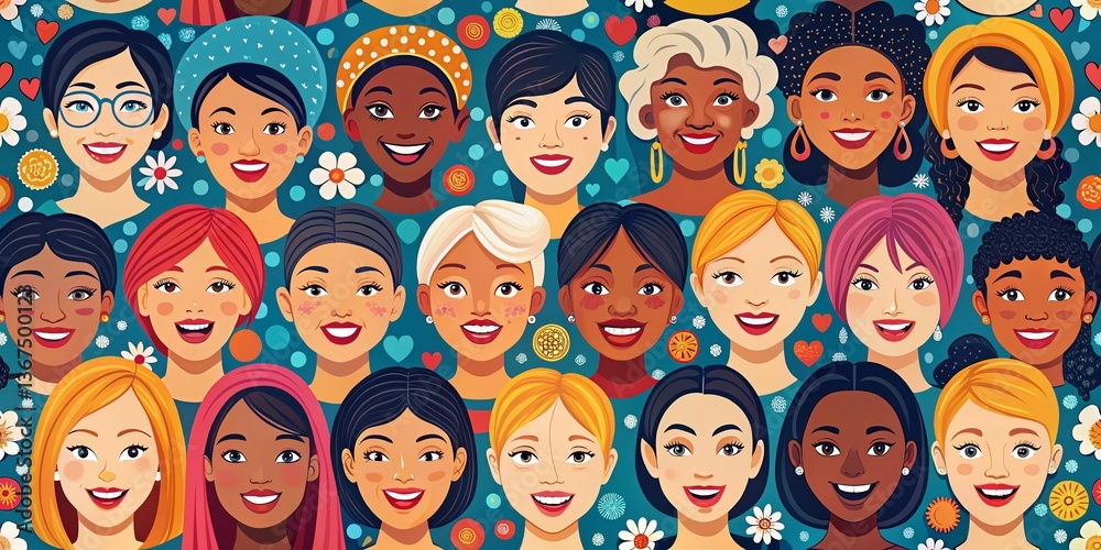 Diverse Women's Faces: Happy, Smiling Seamless Pattern - Girl Power & Feminism