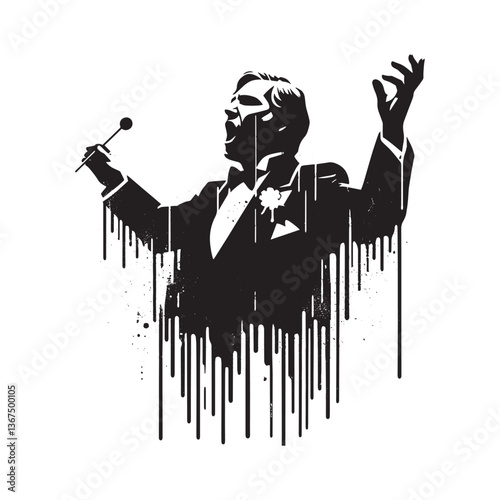 Dramatic black and white opera singer vector silhouette with textured drips