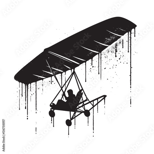 Dripping hang glider silhouette with grunge textures and splattered ink effect