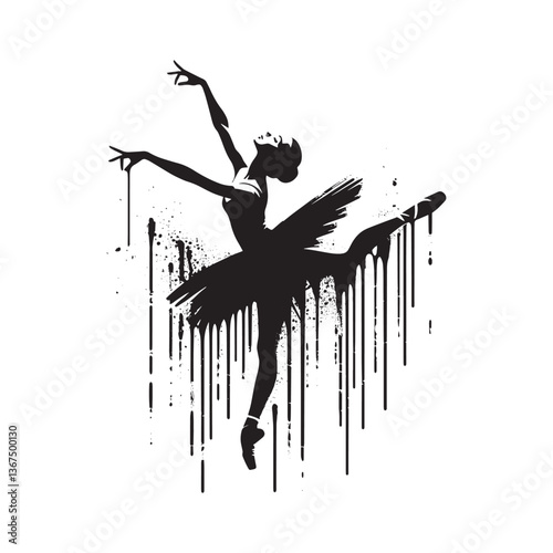Dynamic ballet dancer silhouette with dripping paint effect in expressive style