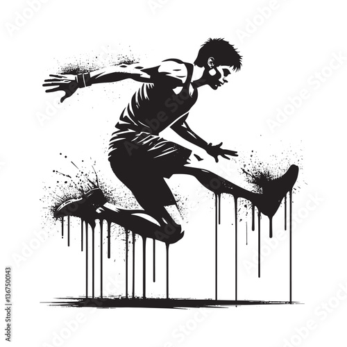 Dynamic athlete leaps forward in stencil art with dripping spray effect