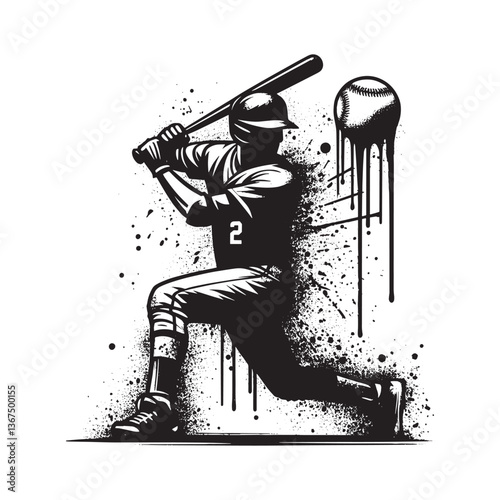 Dynamic Baseball Player Silhouette with Dripping Paint Style and Sport Art