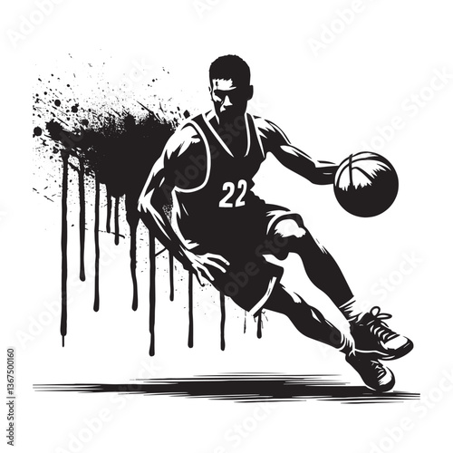 Dynamic Basketball Player Silhouette with Grunge Splatter Effect and Number 22
