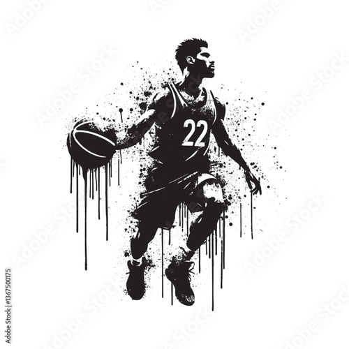 Dynamic basketball player illustration with grunge drip effect in black and white
