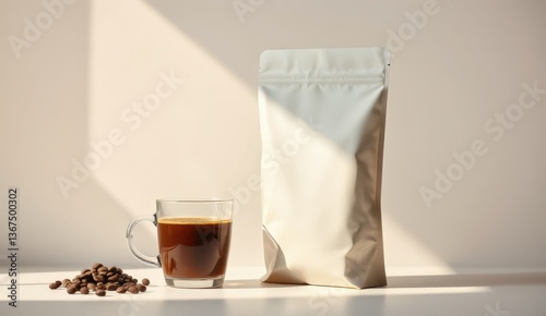 Freshly Brewed Coffee with Elegant Packaging and Coffee Beans on Table