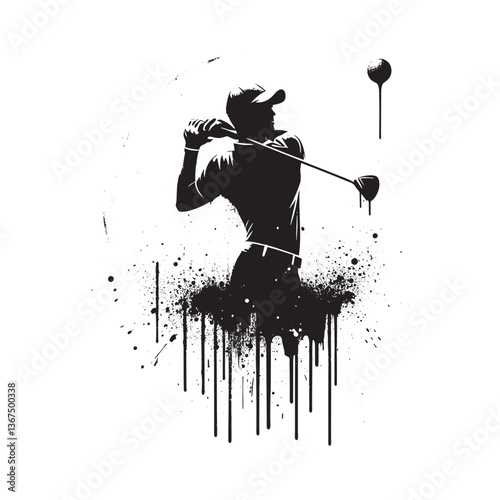 Dynamic silhouette of a golfer swinging, captured in abstract dripping stencil style