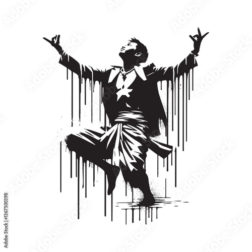 Dynamic stencil art depicting a man performing a cultural dance with expressive grunge style