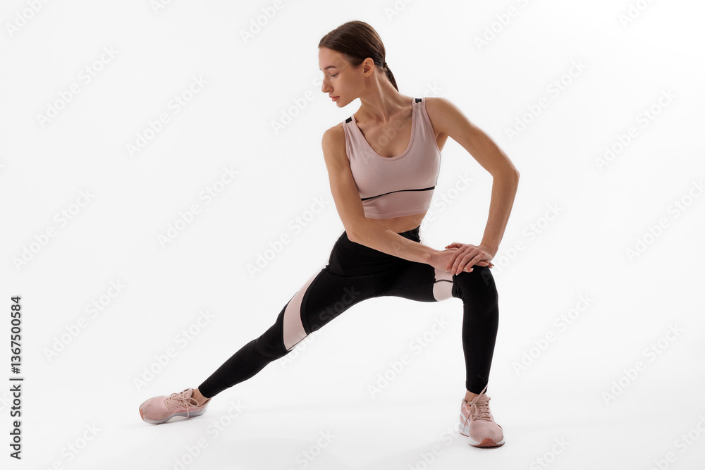 Fitness enthusiast demonstrating a stretching exercise in a studio during a morning workout session Fitness enthusiast demonstrating a stretching exercise in a studio during a morning workout session