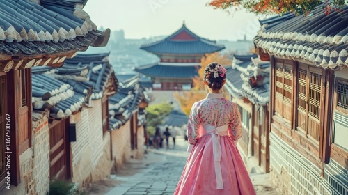 Korean asian woman in traditional korean dress or hanbok dress walking in old palace in night with full moon, Seoul city, South Korea,copy space.