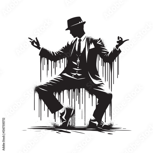 Dynamic monochrome stencil of a dapper dancer with dripping paint effect