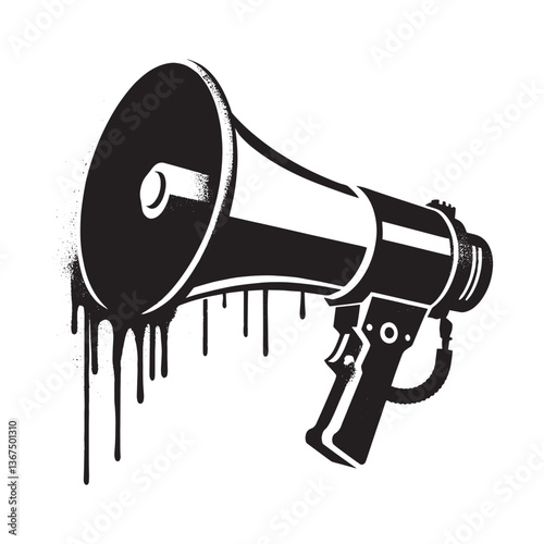 Grunge Megaphone Illustration with Dripping Paint Effects in Stencil Style