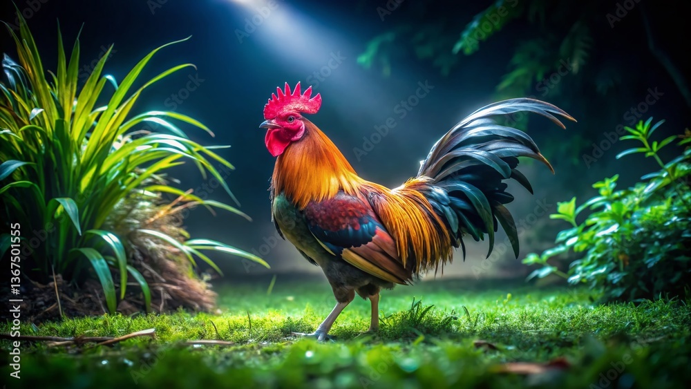 Fototapeta premium Domestic Rooster Foraging in Lush Green Grass at Night - Beautiful Night Photography