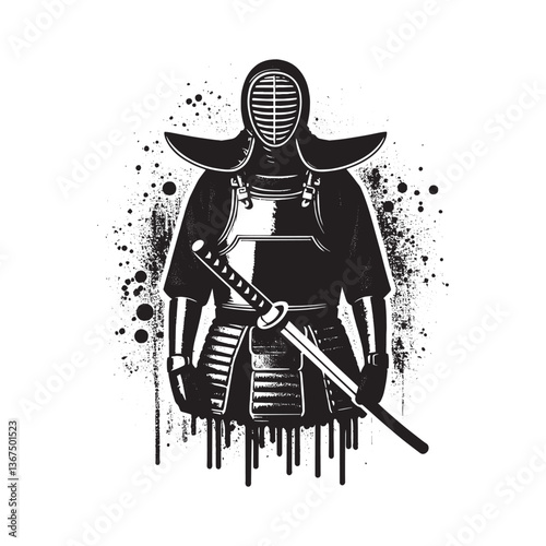 Kendo warrior in dripping ink style, embodying traditional martial arts