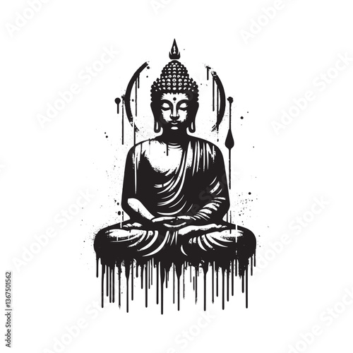 Meditating buddha grunge art in stencil style with dripping spray effect