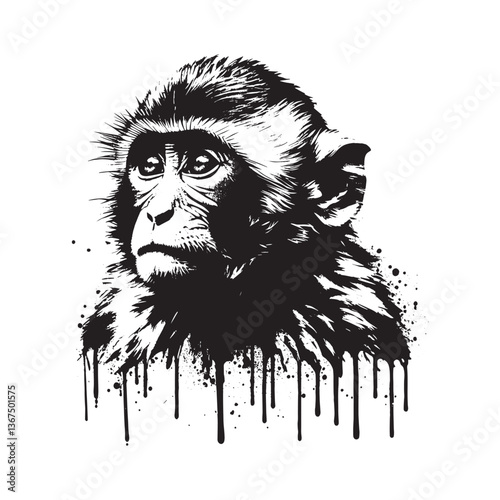 Macaque Monkey Portrait in Stencil Art with Dripping Grunge Aesthetic