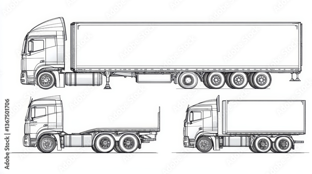 Vector truck trailer outline. Commercial vehicle. Cargo delivering vehicle. View from side, front, back, top. Vector truck trailer outline. Commercial vehicle. Cargo delivering vehicle. View from side, front, back, top.