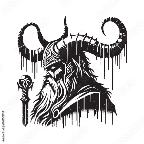 Monochromatic stencil illustration of a horned warrior with a ceremonial object