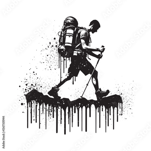 Grungy silhouette of a male hiker with trekking poles and backpack
