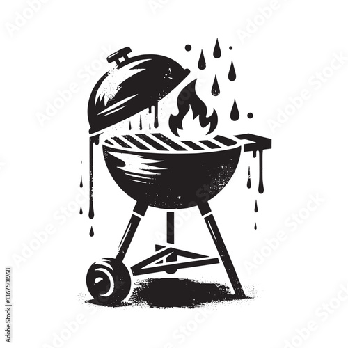 Monochrome barbecue grill with fire, drips, and grunge texture illustration