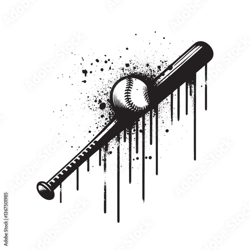 Monochrome baseball equipment artwork with a stylized dripping grunge effect