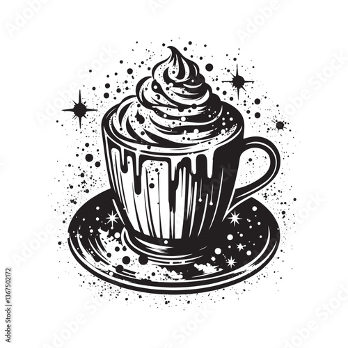 Monochrome latte art illustration with splatters and stylized star accents