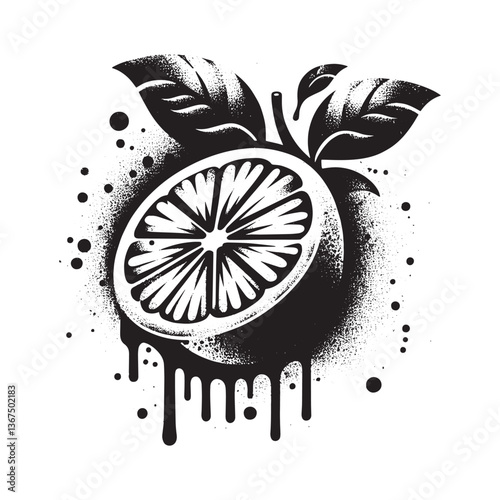Monochrome Lemon Slice with Dripping Spray Paint Grunge Graphic Illustration