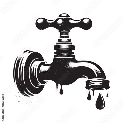 Monochrome Vector Illustration of a Dripping Grunge Water Faucet with Stencil Effect