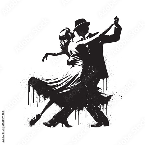 Passionate waltz duo in silhouette with grunge aesthetics and dancing spray
