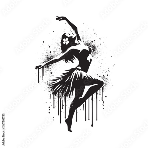 Silhouette of Tahitian Dancer with Grunge Drip Effects in Black and White