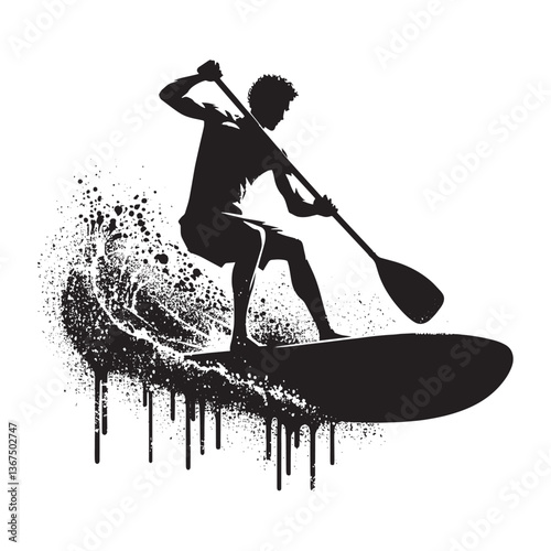 Silhouette of paddleboarding athlete with grungy splash effect in vector style