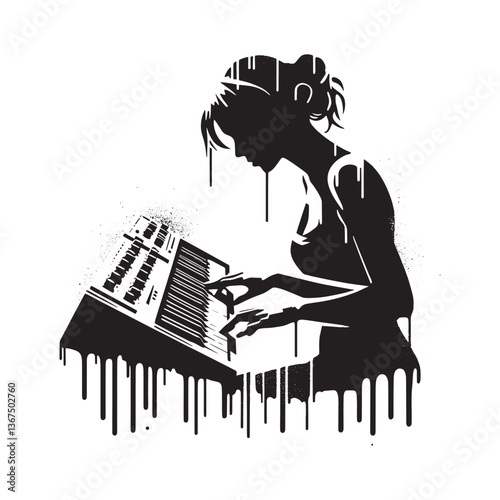 Silhouette woman immersed in synthesizer performance with grunge elements