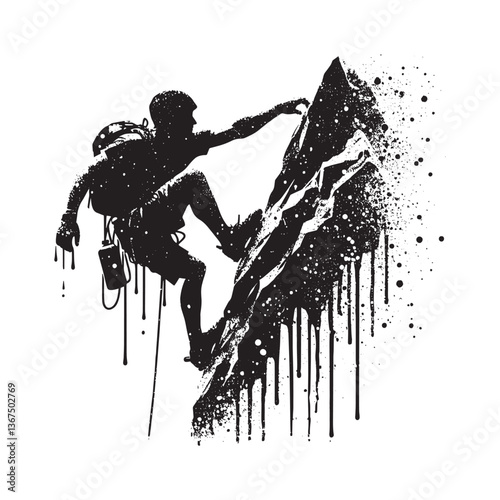 Silhouette of a rock climber in stencil style with dripping grunge effect