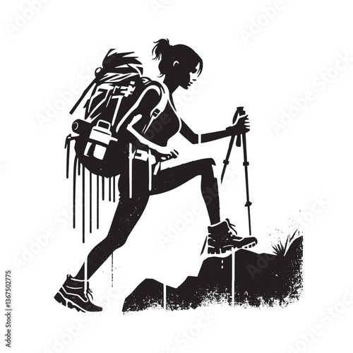 Silhouette of a female hiker with backpack in stencil style, grunge textured
