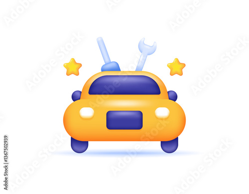 car workshop concept. vehicle repair and maintenance services. illustration of yellow car with screwdriver, wrench, star. symbol or icon. minimalist 3d style design. element