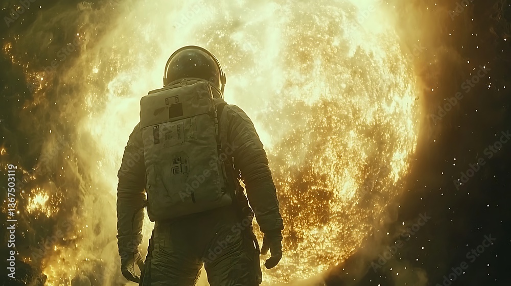 Fototapeta premium Astronaut Facing Glowing Planet in Space Exploration and Discovery Theme