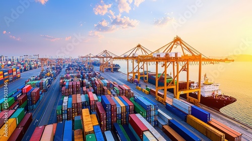 Wallpaper Mural A vibrant view of a busy shipping port at sunset, filled with colorful containers and cranes, highlighting the logistics and transport industry. Torontodigital.ca