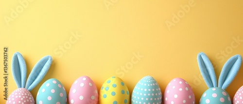Easter banner displaying pastel polka dot eggs on sunny yellow background