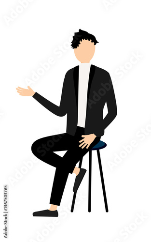 Simple illustration of a man in a black jacket talking while sitting in a chair