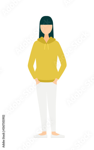 Simple illustration of a woman in a khaki-colored parka with her hands in her pockets