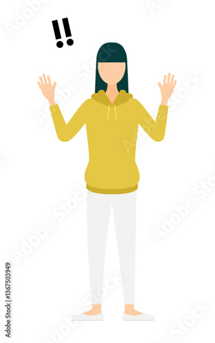 Simple illustration of a woman in a khaki-colored parka raising her hand in surprise