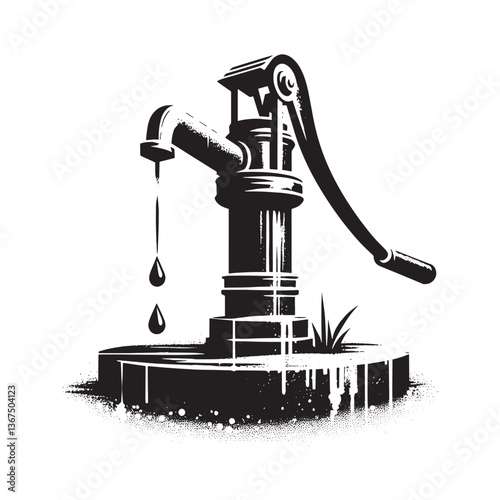 Vintage Water Well Illustration with Grunge Effects and Dripping Style